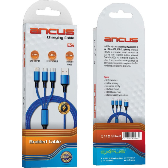 Ancus ������� �������� USB 3 �� 1 Micro-USB, USB-C, Lightning 2.0A �� Braided ������� ���� 1�. �� 5 ������ ������� - (Flow Plus E54)