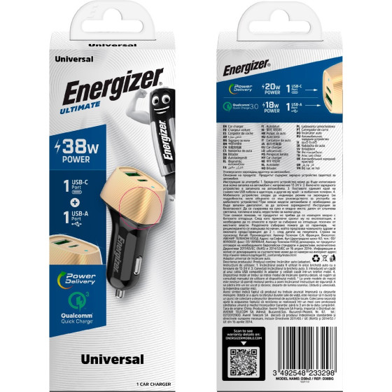 Energizer ��������� ����������� �� PD, QC �� ����� USB-C/USB-A 38W/4A �����-����� - (D38BG)
