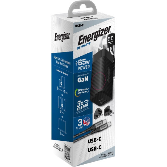 Energizer ��������� �������� PD65W �� ����� USB-C/USB-A ����� GaN Tech �� ������� USB-C �� USB-C - (A65MUC)