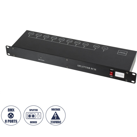 GloboStar Splitter ����������� & ��������� ������� Dmx 8 �������� - Rack Mount - Ac 220-240V IP20 - �48 x �17 x �4.5cm - 2 ������ ������� - (51178)