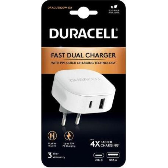 Duracell ��������� �������� ������� �������� Pd 30W �� ����� Usb A & ����� Usb C ����� - (DRACUSB20W-EU, PR-DRACUSB20W-EU)