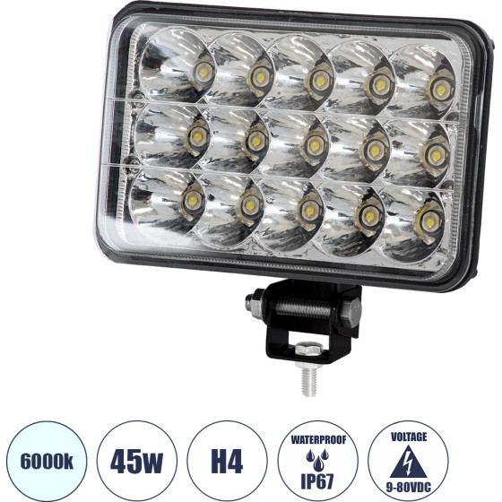 GloboStar Vehicle & Forklift Work Lights - ���� �������� ��� ������� ���������� - ����� H4 H/L Led 45W Dc 9-80V ��������� IP67 ����� ����� 6000K �20.5 x �13.5 x �6.5cm - (85420)