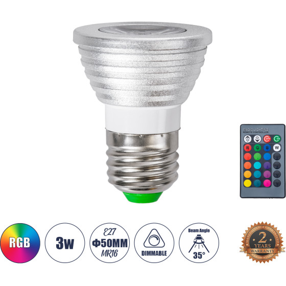 GloboStar ���� Led E27 MR16 3W 200lm 90� Ac 220-240V IP20 �5 x �8.5cm - �������� �������� ���� ���������������� Rgb - Dimmable - 2 ������ ������� - (76066)