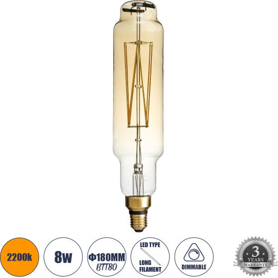 GloboStar ����� LED Long Filament E27 BTT80 BANANAS ������� 8W 720lm 360� AC 220-240V IP20 �7.8 x �34.5cm Ultra ����� ����� 2200K �� ���� ����� - Dimmable - 3 ������ ������� - (99168)