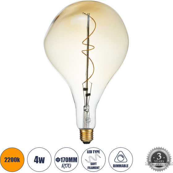 GloboStar ����� LED Soft S Spiral Filament E27 R170 ROCK ������� 4W 280lm 360� AC 220-240V IP20 �16.5 x �28cm Ultra ����� ����� 2200K �� ���� ����� Dimmable - 3 ������ ������� - (99175)
