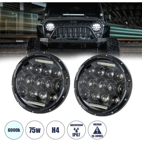 GloboStar ��� 2 x ������� JEEP WRANGLER 7 ������ ������� �������� H/L �� Ring Light DRL & ���� LED CREE CXB COB 75W 12000lm DC 10-30V ��������� IP67 ����� ����� 6000K - (85417)