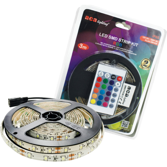 Aca LED SMD STRIP KIT 3M IP65 RGB WITH REMOTE CONTROL & 12V DC PLUG DRIVER - (3MKITRGB)