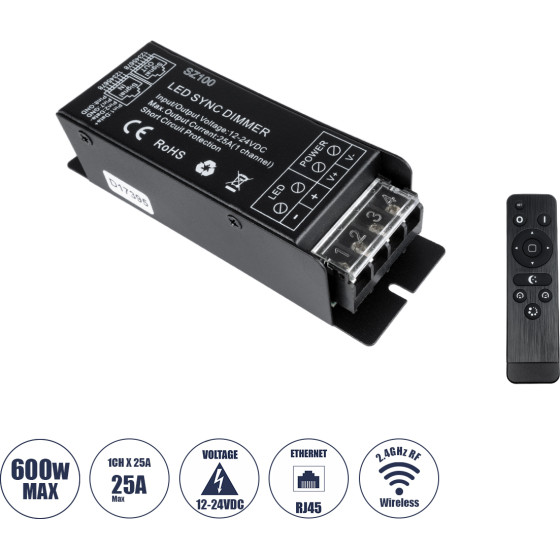 GloboStar Dc Rf 2.4GHz Controller & Dimmer 1 ������ Dc 12-24V 25A Max 600W Ip 20 �12.7 x �4 x �3.2cm �� ����������� Rf 2.4GHz Sync - (73311)