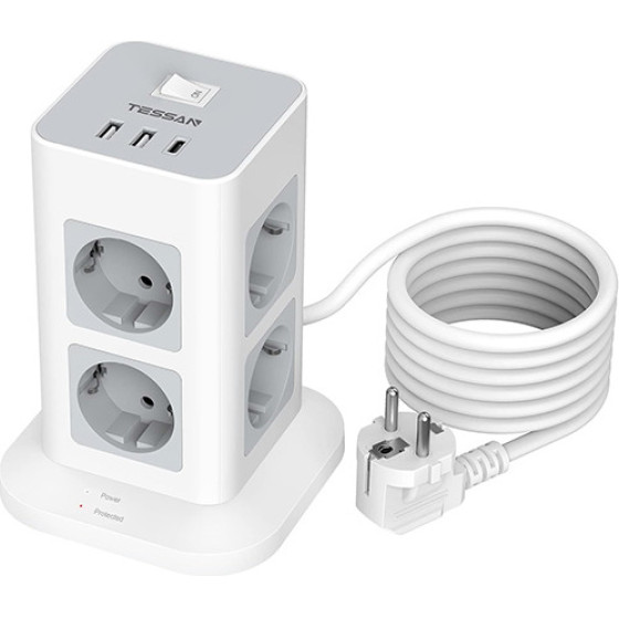 Tessan 11 In 1 Tower Surge Protector 8xSCHUKO, 2xUSB, 1xTYPE-C, 2M Cable - (TPS03-DE-C)