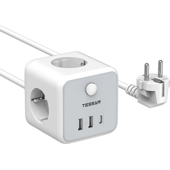Tessan 6 In 1 Powercube Strip 3xSCHUKO, 2xUSB, 1xTYPE-C, 2M Cable - (TS-301-C)