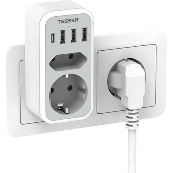 Tessan 6 In 1 Wall Socket 1xSCHUKO, 1xEu Socket ,3xUSB, 1xTYPE-C - (TS-328-DE-C)