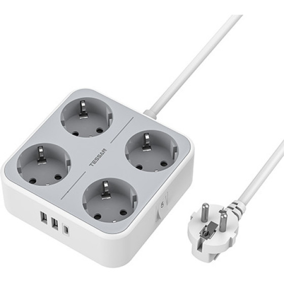 Tessan 7 In 1 Power Strip 4xSCHUKO, 2xUSB, 1xTYPE-C, 2M Cable - (TS-302-C)