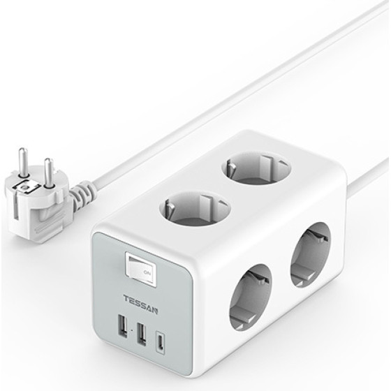 Tessan 9 In 1 Cuboid Power Strip 6xSCHUKO, 2xUSB, 1xTYPE-C, 2M Cable - (TS-306-C)