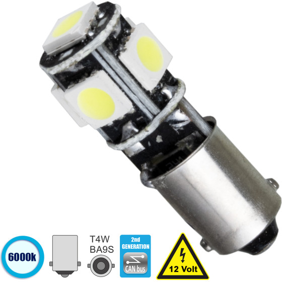 GloboStar BA9S - T4W ����� ����������� 2nd Generation Can-Bus Series Led 5 Smd 5050 2W 300lm 360� Dc 12V IP20 ����� ����� 6000K - (81288)