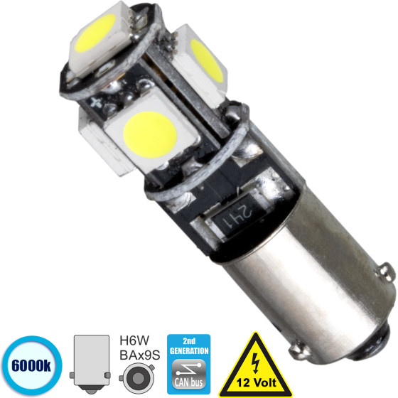 GloboStar BA9S - T4W ����� ����������� 2nd Generation Can-Bus Series Led 5 Smd 5050 2W 300lm 360� Dc 12V IP20 ����� ����� 6000K - (81297)
