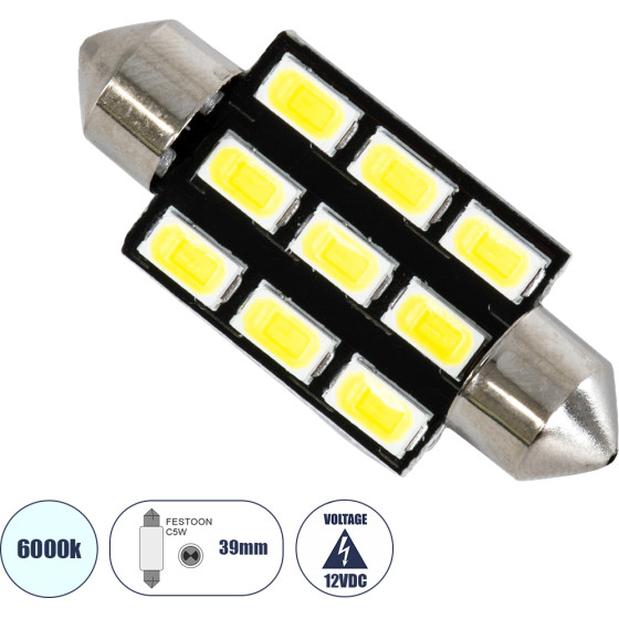 GloboStar C5W ����� ����������� Led 39mm Festoon - 9xSMD5630 4.5W 675lm 120� Dc 12-16V IP20 �3.9 x �1.2 x �1.2cm ����� ����� 6000K - (81307)