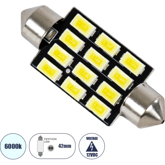 GloboStar C5W ����� ����������� Led 42mm Festoon - 12xSMD5630 6W 900lm 120� Dc 12-16V IP20 �4.2 x �1.2 x �1.2cm ����� ����� 6000K - (81308)