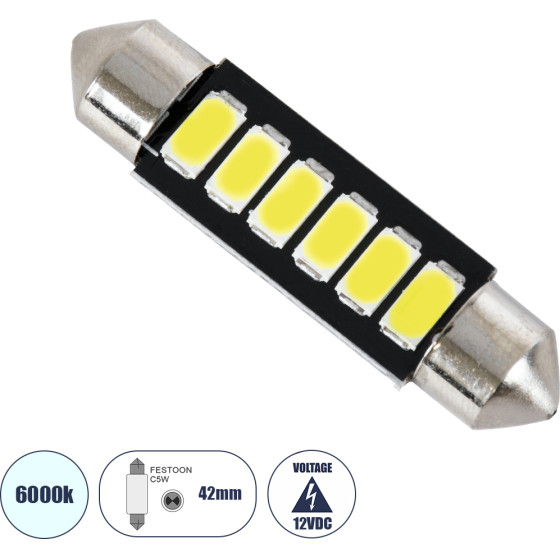 GloboStar C5W ����� ����������� Led 42mm Festoon - 6xSMD5630 3W 450lm 120� Dc 12-16V IP20 �4.2 x �1.6 x �0.9cm ����� ����� 6000K - (81304)
