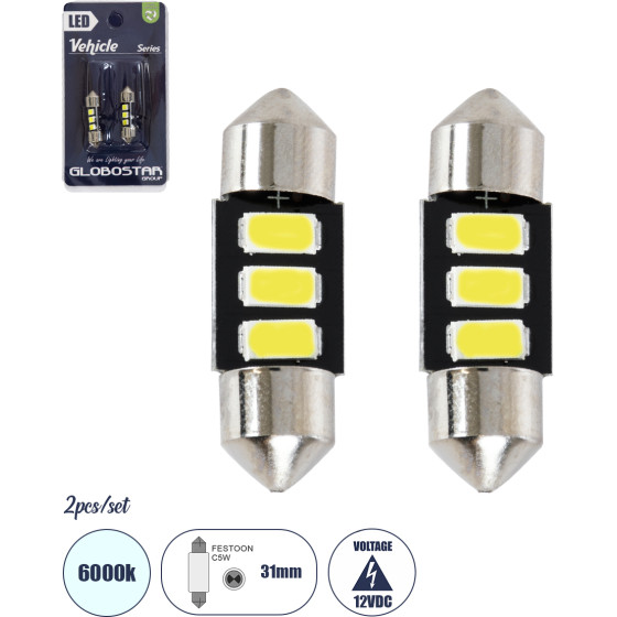 GloboStar C5W ������ ����������� Led 31mm Festoon - 3xSMD5630 1.5W 225lm 120� Dc 12-16V IP20 �3.1 x �0.9 x �0.9cm ����� ����� 6000K - ��� 2 �������� �� Blister - (81301-B)