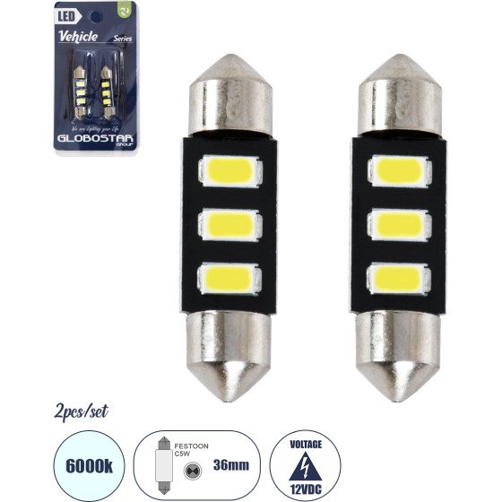 GloboStar C5W ������ ����������� Led 36mm Festoon - 3xSMD5630 1.5W 225lm 120� Dc 12-16V IP20 �3.6 x �0.9 x �0.9cm ����� ����� 6000K - ��� 2 �������� �� Blister - (81302-B)
