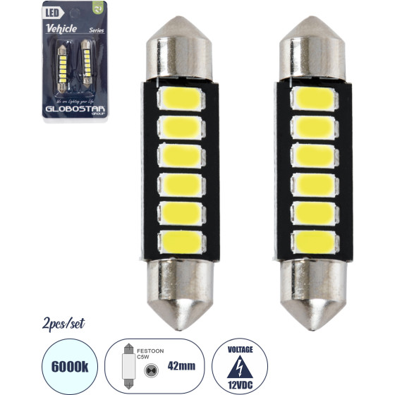 GloboStar C5W ������ ����������� Led 42mm Festoon - 6xSMD5630 3W 450lm 120� Dc 12-16V IP20 �4.2 x �0.9 x �0.9cm ����� ����� 6000K - ��� 2 �������� �� Blister - (81304-B)