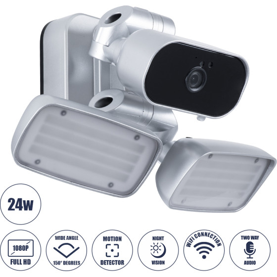 GloboStar ��������� Led Smd 24W 2160lm �� Ip Camera 1080P 2MP Wifi 150� ������ - Ac 230V - �� ��������� ������-������ & ������� ������ ��������� - ���������� IP66 ����� ����� 6000K - ����� - (86043)