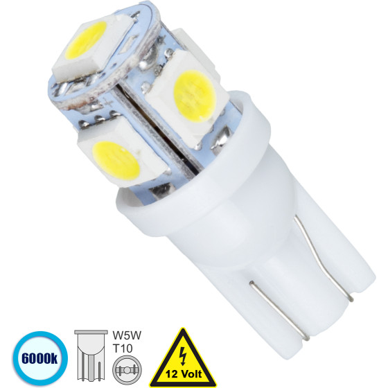 GloboStar T10 W5W ����� ����������� Led 5xSMD5050 1.3W 110lm 360� Dc 12-16V IP20 �1.2 x �2.7cm ����� ����� 6000K - (81050)
