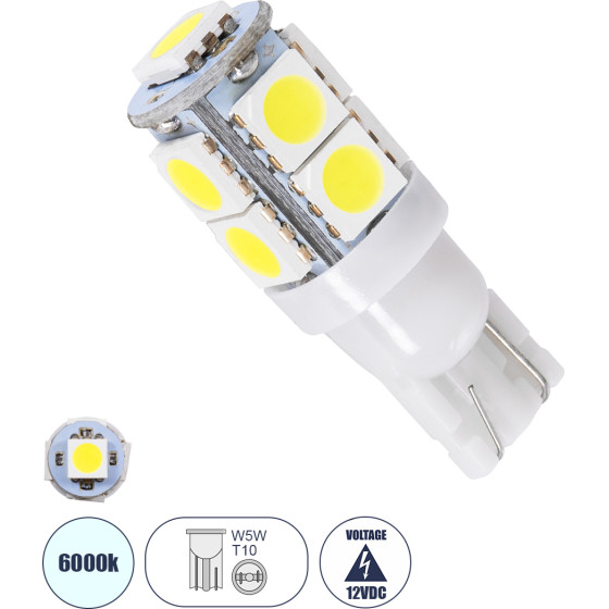 GloboStar T10 W5W ����� ����������� Led 9xSMD5050 2.1W 198lm 360� Dc 12-16V IP20 �1.2 x �3.1cm ����� ����� 6000K - (81056)