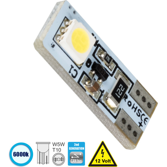 GloboStar T10 W5W ����� ����������� 2rd Generation Can-Bus Series Led 2 Smd 5050 1.6W 240lm 360� Dc 12V IP20 ����� ����� 6000K - (81087)