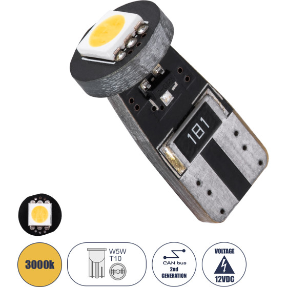 GloboStar T10 W5W ����� ����������� Led 2rd Generation Can-Bus Series 1xSMD5050 1.5W 150lm 120� Dc 12-16V IP20 �1 x H2.2cm ����� ����� 3000K - (81081)