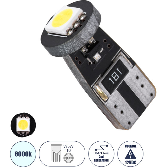 GloboStar T10 W5W ����� ����������� Led 2rd Generation Can-Bus Series 1xSMD5050 1.5W 150lm 120� Dc 12-16V IP20 �1 x H2.2cm ����� ����� 6000K - (81080)