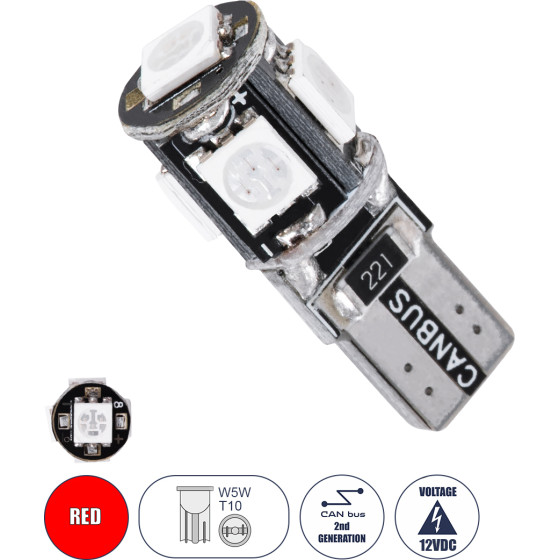 GloboStar T10 W5W ����� ����������� Led 2rd Generation Can-Bus Series 5xSMD5050 2.30W 240lm 360� Dc 12-16V IP20 �1.1 x �2.7cm ������� - (81091)