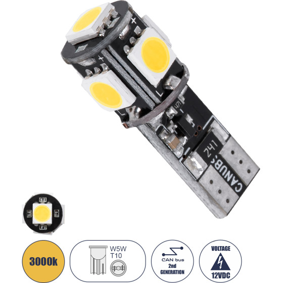 GloboStar T10 W5W ����� ����������� Led 2rd Generation Can-Bus Series 5xSMD5050 2.30W 300lm 360� Dc 12-16V IP20 �1.1 x �2.7cm ����� ����� 3000K - (81090)