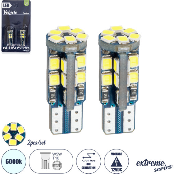 GloboStar T10 W5W ������ ����������� Led 3rd Generation Can-Bus Extreme Series 22xSMD2835 4W 600lm 360� Dc 12-16V IP20 �1.1 x �2.8cm ����� ����� 6000K - ��� 2 �������� �� Blister - (81103-B)