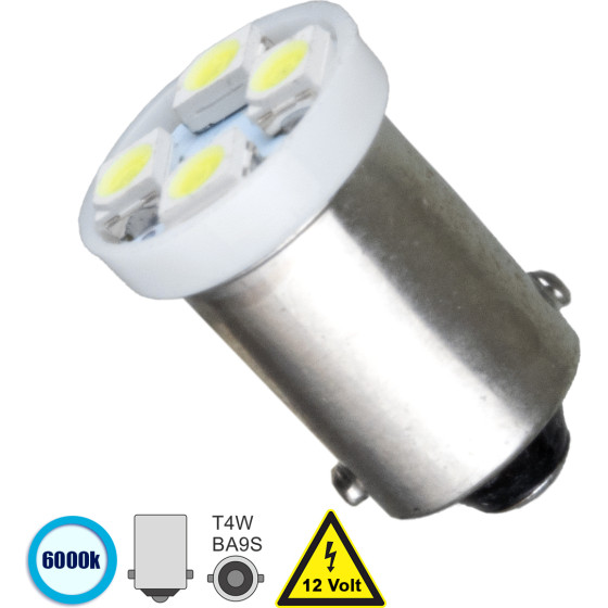 GloboStar T4W BA9S ����� ����������� Led 4 Smd 1210 0.8W 160lm 120� Dc 12V IP20 ����� ����� 6000K - (81283)