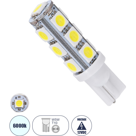 GloboStar T10 W5W ����� ����������� Led 13xSMD5050 2.8W 286lm 360� Dc 12-16V IP20 �1.2 x �4cm ����� ����� 6000K - (03040)