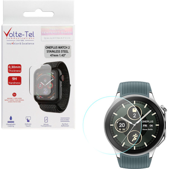 Volte-Tel Tempered Glass Oneplus Watch 2 Stainless Steel 47mm 1.43'' 9H 0.30mm 2.5D Full Glue Full COVER
