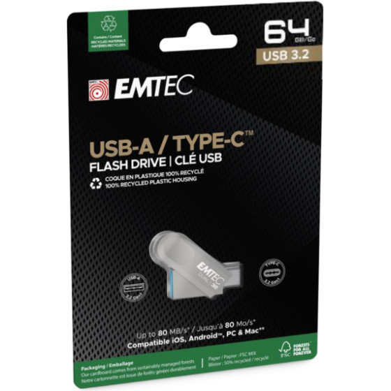 Emtec ������� ������ 64GB (DUAL) Usb 3.2 Type C D280 - (ECMMD64GD283)