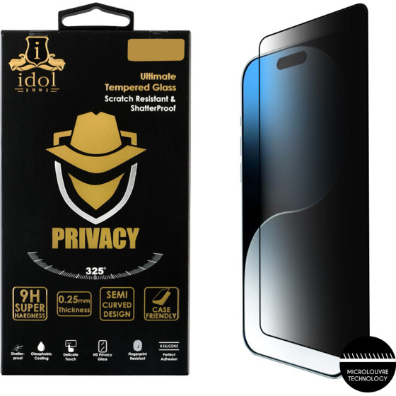 Idol 1991 Tempered Glass Iphone 16 Pro 6.3'' 9H 0.25mm Privacy Antispy Semi Curved Full Glue BLACK