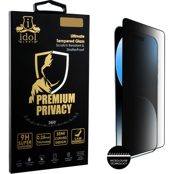 Idol 1991 Tempered Glass Iphone 16 Pro Max 6.9'' 9H 0.25mm Premium Privacy Antispy Semi Curved Full Glue BLACK