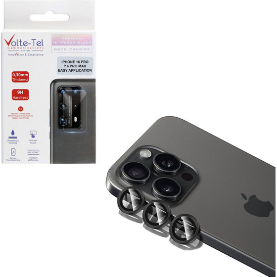 Volte-Tel Camera Glass Cover Iphone 16 Pro / 16 Pro Max 9H 0.30MM Easy Application BLACK