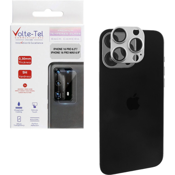 Volte-Tel Camera Glass Cover Iphone 16 Pro 6.3''/Iphone 16 Pro Max 6.9'' 9H 0.30MM 3D Ar ALUMINIUM-Electroplating Frame GREY