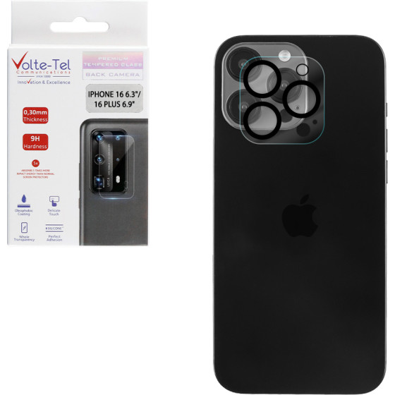 Volte-Tel Tempered Glass Iphone 16 Pro 6.3''/16 Pro Max 6.9'' 9H 0.25mm 3D Curved For Camera BLACK