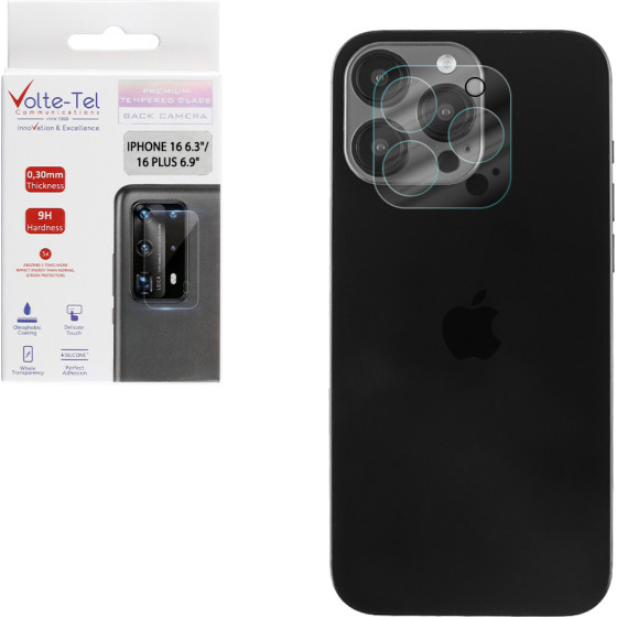 Volte-Tel Tempered Glass Iphone 16 Pro 6.3''/16 Pro Max 6.9'' 9H 0.25mm 3D Curved For Camera TRANSPARENT