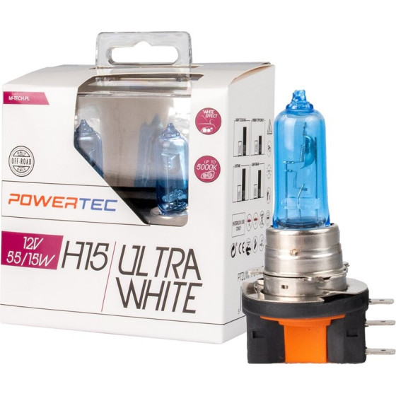M-Tech ������ H15 12V 55/15W Powertec Ultra White (Up To 5.000k)Mtech - 2 ���. - (PTZUWH15-DUO)