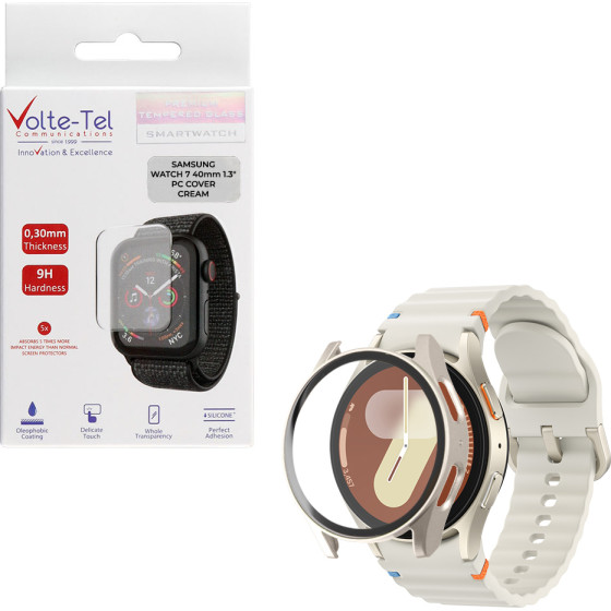 Volte-Tel Tempered Glass Samsung Watch 7 40mm 1.3'' 9H 0.30mm Pc Edge Cover With Key 3D Full Glue Full Cover CREAM