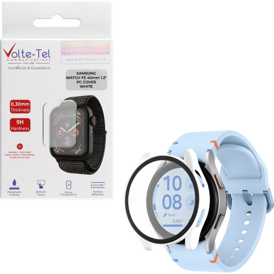 Volte-Tel Tempered Glass Samsung Watch Fe 40mm 1.2'' 9H 0.30mm Pc Edge Cover With Key 3D Full Glue Full Cover WHITE