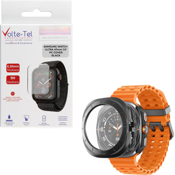 Volte-Tel Tempered Glass Samsung Watch Ultra 47mm 1.5'' 9H 0.30mm Pc Edge Cover With Key 3D Full Glue Full Cover BLACK