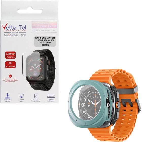 Volte-Tel Tempered Glass Samsung Watch Ultra 47mm 1.5'' 9H 0.30mm Pc Edge Cover With Key 3D Full Glue Full Cover GREEN