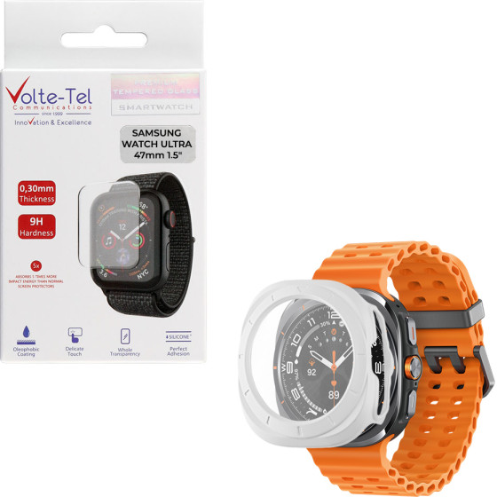 Volte-Tel Tempered Glass Samsung Watch Ultra 47mm 1.5'' 9H 0.30mm Pc Edge Cover With Key 3D Full Glue Full Cover WHITE